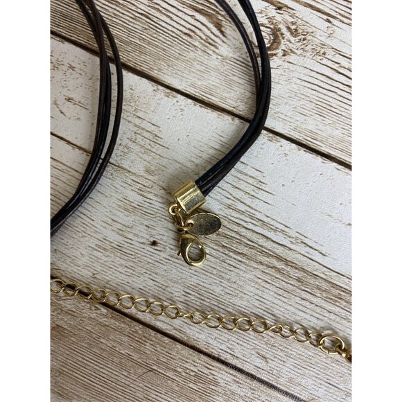 Lia Sophia Gold Tone Backed Shell Pendant Necklace on Adjustable 16” Black Cord - Picture 6 of 7